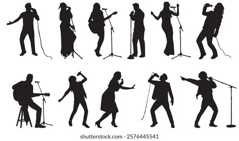 Collection of singers silhouette. Musician, singer and guitarist. 