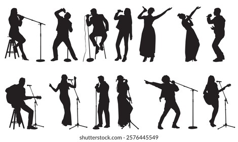 Collection of singers silhouette. Musician, singer and guitarist. 