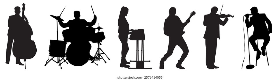 Collection of singers silhouette set. Musician, artist, drummer, keyboard, guitarist, singer, vocalist, performer, entertainer and bass guitarist.	
