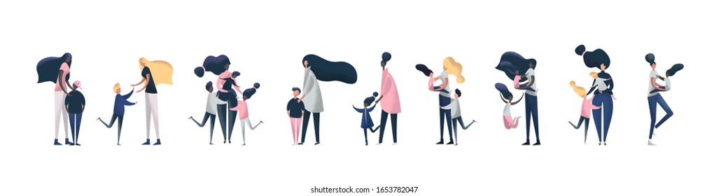 Collection of single mother with their children. Set of mother and kids isolated on white background. Parenthood routine, motherhood burnout, babysitting concept. Flat cartoon vector illustration.