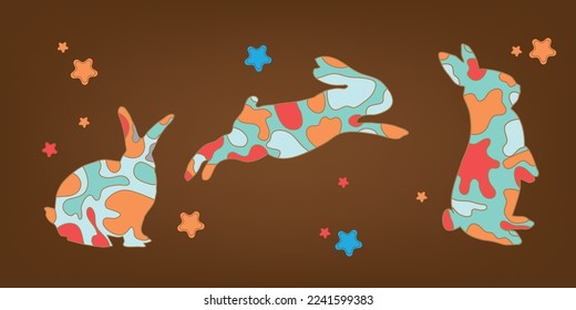 Kollektion von Sitting, Springen Kaninchen Vektorgrafik in modernen trendigen Tarnung Stil. geeignet für Babybilder