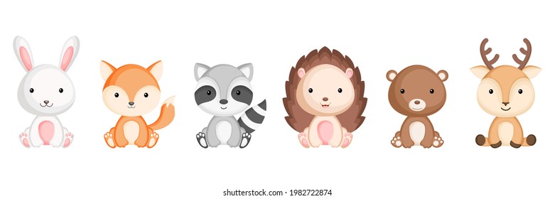 Collection of sitting little animals in cartoon style. Cute woodland animals characters for kids cards, baby shower, birthday invitation, house interior. Bright colored childish vector illustration.