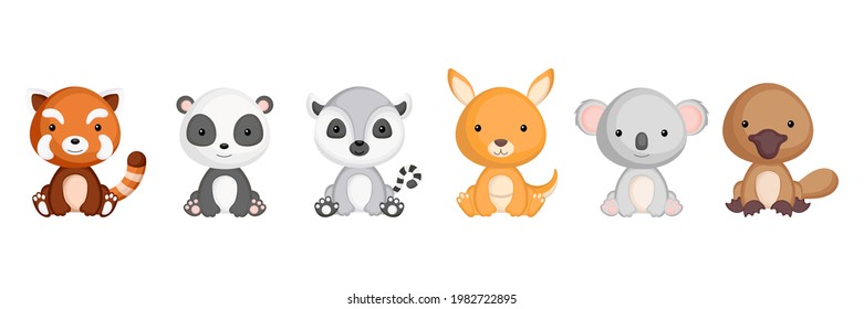 Collection of sitting little animals in cartoon style. Cute animals characters for kids cards, baby shower, birthday invitation, house interior. Bright colored childish vector illustration.