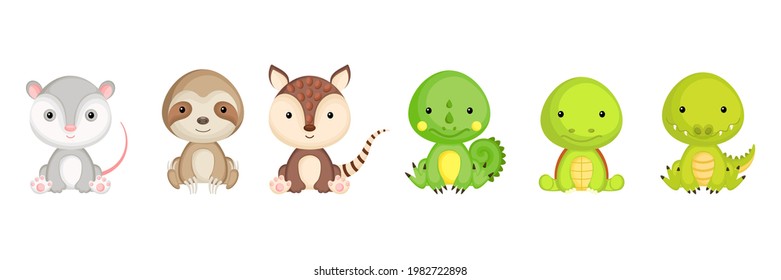 Collection of sitting little animals in cartoon style. Cute exotic animals characters for kids cards, baby shower, birthday invitation, house interior. Bright colored childish vector illustration.