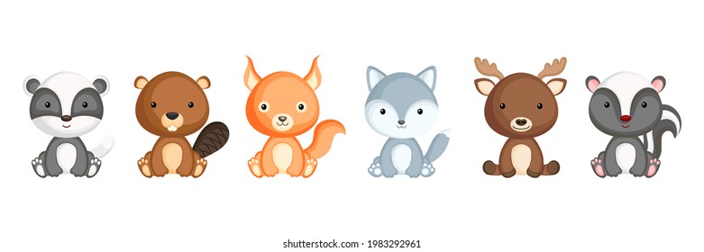 Collection of sitting little animals in cartoon style. Cute woodland animals characters for kids cards, baby shower, birthday invitation, house interior. Bright colored childish vector illustration.