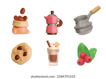 Collection of six 3D coffee-related icons, including coffee beans, moka pot, cezve, coffee berries, cookie, and a creamy coffee drink.