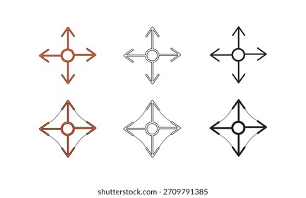 Una colección de seis iconos de estiramiento de 4 vías - iconos de flecha con círculos y Formas cuadradas en diferentes estilos y colores