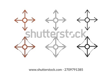 A collection of six 4 way strecth icons - arrow icons with circles and square shapes in varying styles and colorations