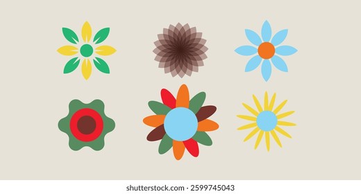 A collection of six abstract floral elements designed with geometric shapes and vibrant colors. Each flower features a unique combination of petals, creating a modern and decorative style.