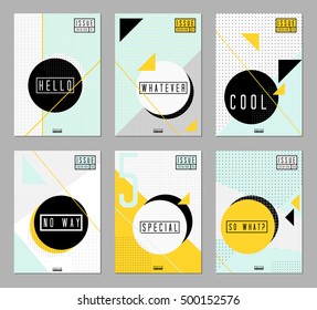  A collection of six abstract geometric designs in black, white, light blue and yellow. Minimalist style poster, brochure, magazine cover design.