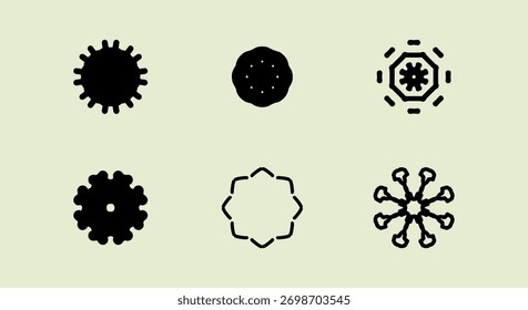 Coleção de seis ícones negros abstratos, geométricos e simétricos com uma retro, vintage sentir em um fundo bege claro.