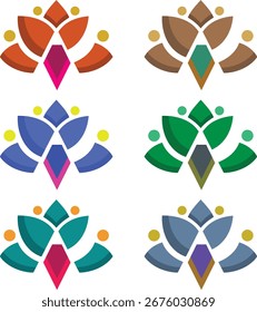 A collection of six abstract logo designs, each featuring a vibrant flower, stylized leaves, and a crystal shape. The color schemes are diverse, including shades of orange, brown, blue, green, turquoi