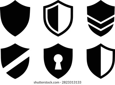 A collection of six abstract shield vector logos representing cyber security, data privacy, and safety. Featuring solid black shields, split double tones, stripes, and an integrated keyhole symbol, ideal for antivirus software, firewall networks, legal protection, insurance, and financial security branding.
