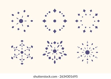 A collection of six abstract snowflake designs isolated on a white background. These geometric snowflakes are perfect for winter, Christmas, or holiday-themed designs and decorations