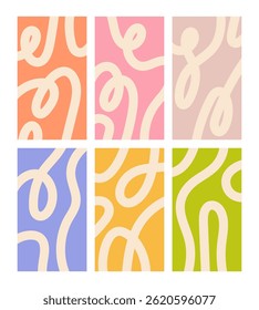 Collection of six abstract wavy line backgrounds in pastel colors including orange, pink, beige, blue, yellow, and green
