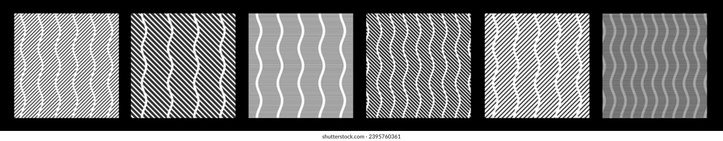 Collection of six abstract wavy striped vector seamless patterns. Regular parallel diagonal stripes, lines. Geometric patterns with black stripes. Black and white backgrounds.