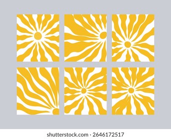  Collection of six abstract yellow sunburst pattern tiles with wavy radiating lines on a gray background. Bold, geometric vector designs evoking solar energy and retro style.