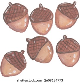 A collection of six acorns in watercolor style on a white background