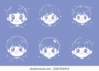 Collection of six adorable anime-style boy portraits, illustrated in a minimalist vector design. Each character features expressive sparkling eyes, short hair, and a cheerful expression.