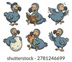 A collection of six adorable cartoon dodo birds in various poses and activities, showcasing their unique charm.
