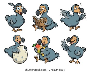 A collection of six adorable cartoon dodo birds in various poses and activities, showcasing their unique charm.