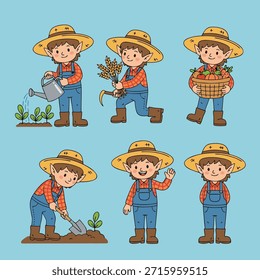 Una colección de seis adorables personajes de granjeros de dibujos animados dedicados a diferentes tareas agrícolas y de jardinería, perfectas para ilustraciones infantiles.