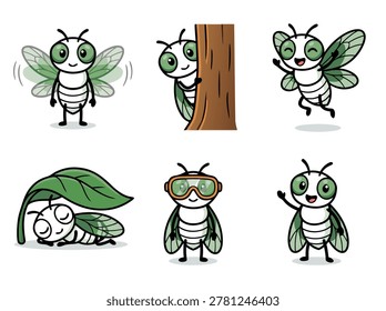 Collection of six adorable cartoon fly characters in various poses and activities