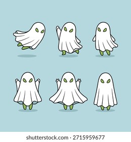 Una colección de seis adorables fantasmas de dibujos animados, cada uno con expresiones únicas y lenguaje corporal, flotando sobre un fondo azul pastel.