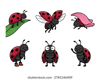 Collection of six adorable cartoon ladybug illustrations in various poses and actions.