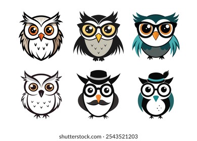 A collection of six adorable cartoon owls with unique glasses and accessories. Perfect for fashion, kids' designs, and creative fun vector illustrations