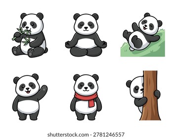 Collection of six adorable cartoon panda bear illustrations in various poses and activities.