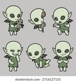Una colección de seis adorables ilustraciones de monstruos alienígenas chibi con cabezas Grandes, ojos grandes y cuerpos Pequeños, cada uno en una pose diferente.