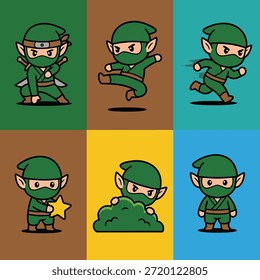 Uma coleção de seis adoráveis personagens ninja estilo chibi em várias poses e ações, perfeito para ativos de jogo ou ilustrações.