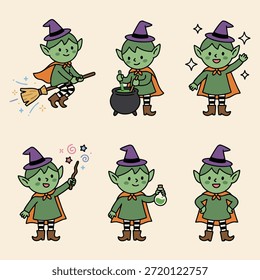 Uma coleção de seis adoráveis personagens elfos vestidos com chapéus de bruxas e capas, envolvendo-se em várias atividades mágicas, perfeitas para projetos de Halloween.
