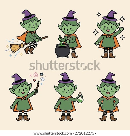 A collection of six adorable elf characters dressed in witch hats and capes, engaging in various magical activities, perfect for Halloween designs.