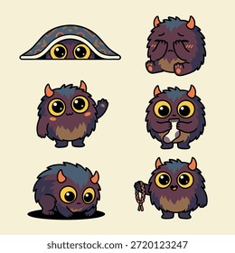 Una colección de seis monstruos adorables, esponjosos, púrpura oscuro con grandes ojos amarillos y cuernos Pequeños, cada uno mostrando una emoción o acción diferente.