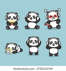 Eine Sammlung von sechs bezaubernden Panda-Illustrationen, die jeweils Kopfhörer tragen und sich mit verschiedenen Aktivitäten im Zusammenhang mit Spiel und Technologie beschäftigen.