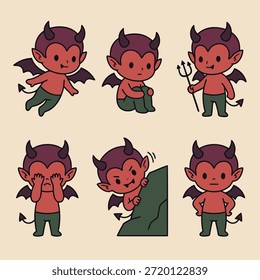 Una colección de seis adorables personajes de diablo rojo en varias poses y expresiones, perfecto para Halloween o temas de fantasía.