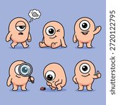 A collection of six adorable, round, one-eyed cartoon monsters in different poses, showcasing a range of emotions and activities.