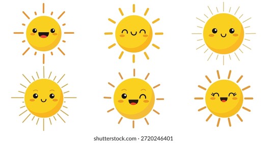 Una colección de seis adorables personajes solares con varias expresiones faciales lindas y rayos amarillos brillantes. Estos iconos vectoriales kawaii mínimos son perfectos para diseños con temas de Clima, decoración de vivero y mensajes alegres de verano.