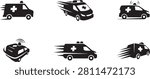 A collection of six ambulance icons in a single image, depicted in a solid color with motion lines indicating speed, used for medical emergency response.