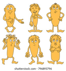 Collection of six amusing male characters with various grimaces, cartoon vector illustrations isolated on the white background