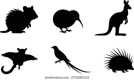 Uma coleção de seis silhuetas de animais em formato vetorial, apresentando um gato, kiwi, canguru, morcego, pássaro e ouriço em um design simples, mas elegante.