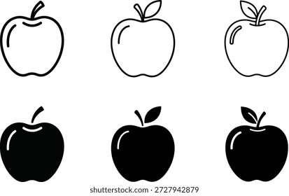 Una colección de seis ilustraciones de manzana en estilo de contorno y silueta, con detalles de tallo y hoja, aisladas sobre un fondo blanco. Estos son simples iconos de frutas.
