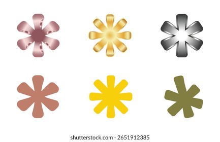 Uma coleção de seis símbolos de asterisco em várias cores e acabamentos. Três apresentam gradientes metálicos em ouro rosa, ouro e prata, enquanto os outros três são marrom, amarelo e verde-oliva.