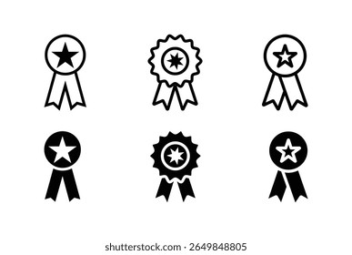 A collection of six award ribbon icons, featuring stars within circles and decorative edges, presented as simple black outlines and solid shapes on a clean white background.