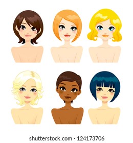 Collection of six beautiful multi-ethnic women faces with different short hair hairstyles