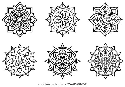 A collection of six beautifully detailed black and white mandala designs featuring geometric symmetry and intricate patterns. Perfect for use in coloring books, graphic design projects