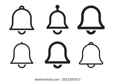 Collection of Six Bell Icons in Various Colors Line Art, Solid, and Outline Styles for Design Projects	
