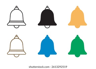 Collection of Six Bell Icons in Various Colors Line Art, Solid, and Outline Styles for Design Projects	
